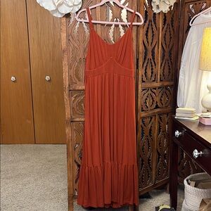 Spaghetti Strap Rust Maxi Dress with Ruffle Hem
